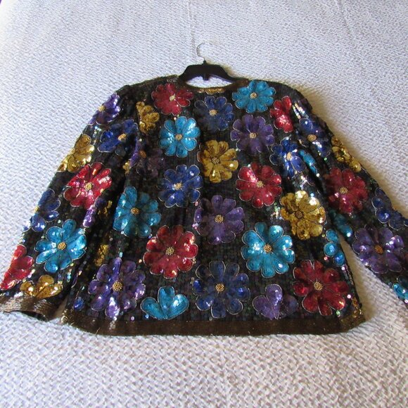 Vintage Evening Sequin Evening Jacket Mod Floral Designer Silk Colorful - Picture 8 of 13